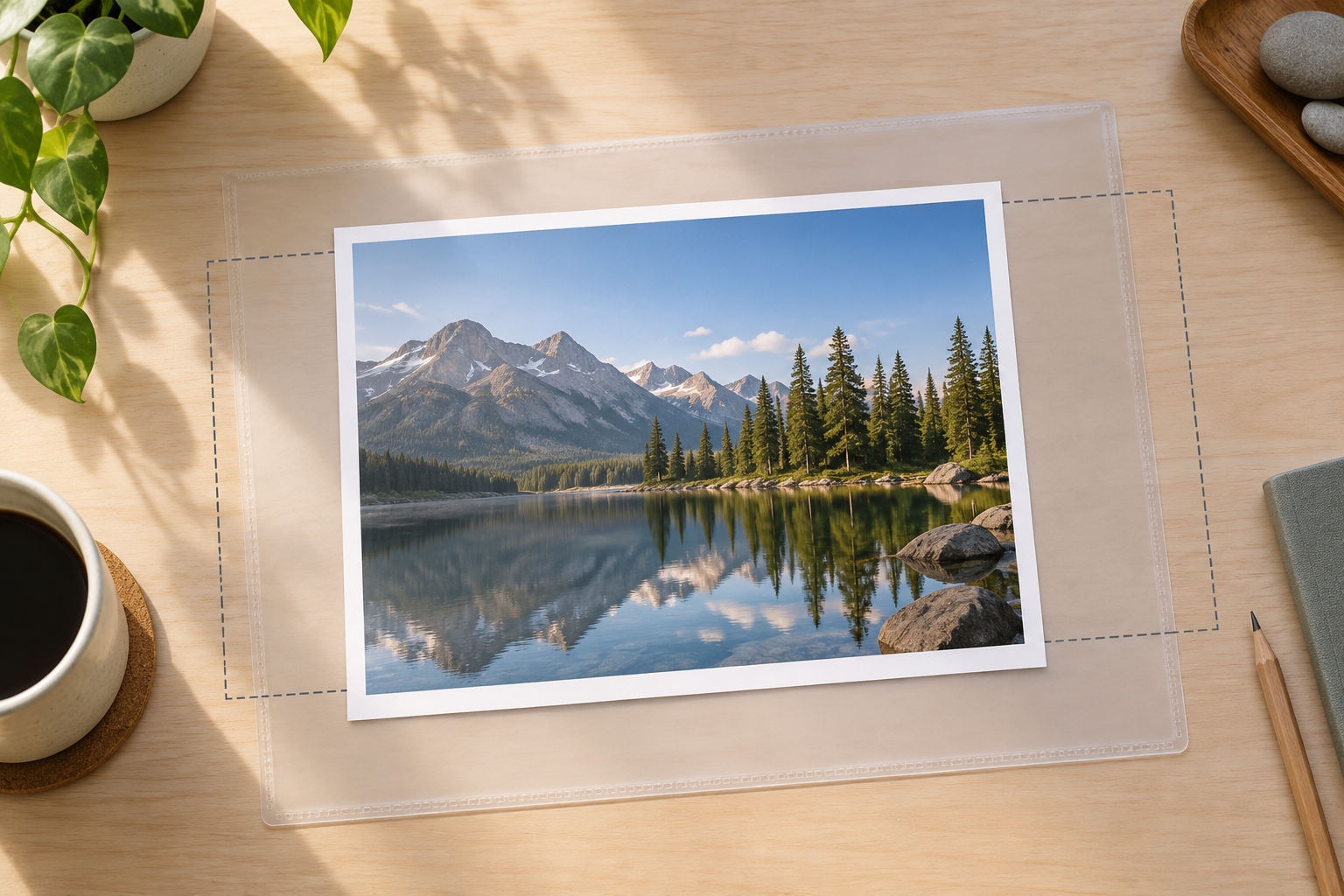 Original landscape photograph prepared on a work surface for background extension