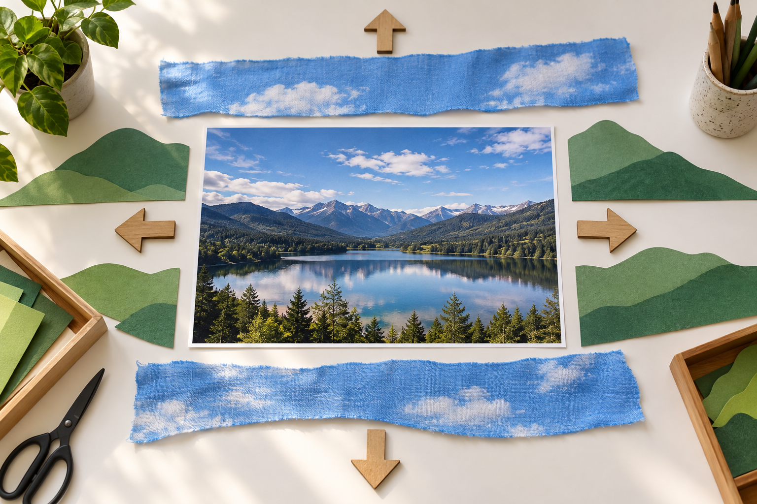 Landscape photo surrounded by simple direction notes for extending the sky, ground, and side space