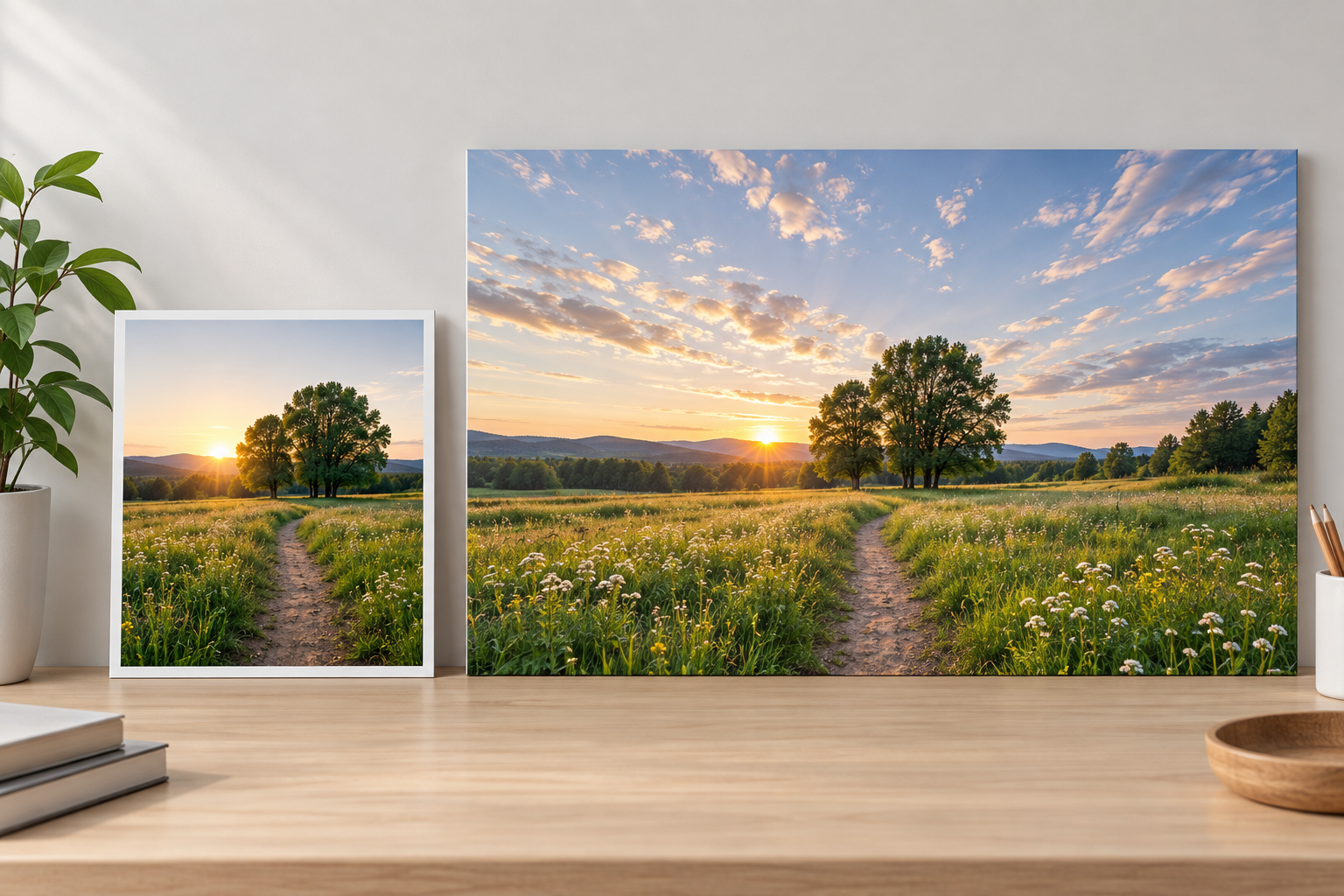 Wide expanded landscape image compared with the original photo before download