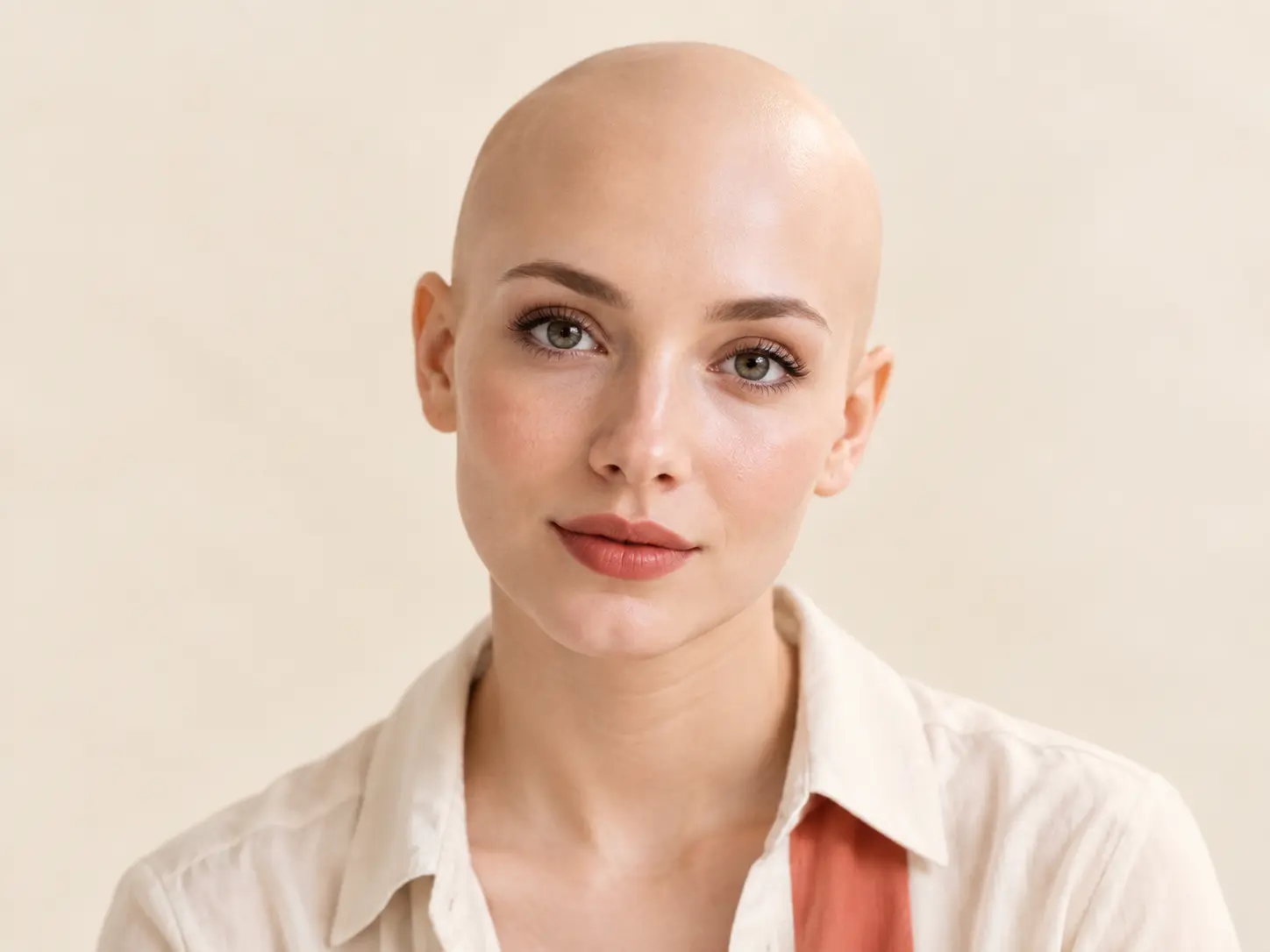 Realistic bald filter result of a woman with a seamless scalp and natural skin tone