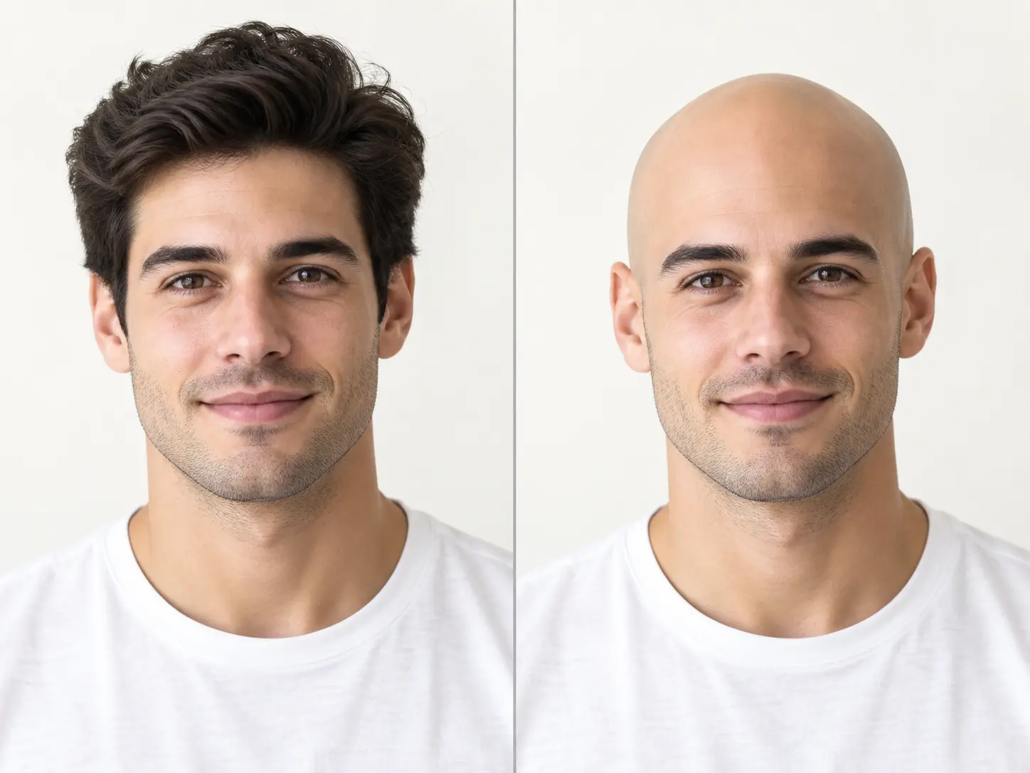 Before and after comparison of a man with hair and the same man wearing a bald filter