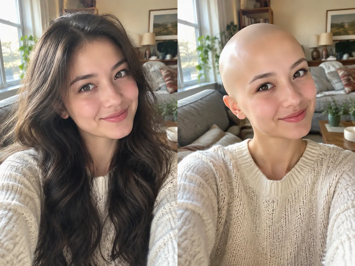 Bald app result made from an ordinary phone selfie in a bright living room
