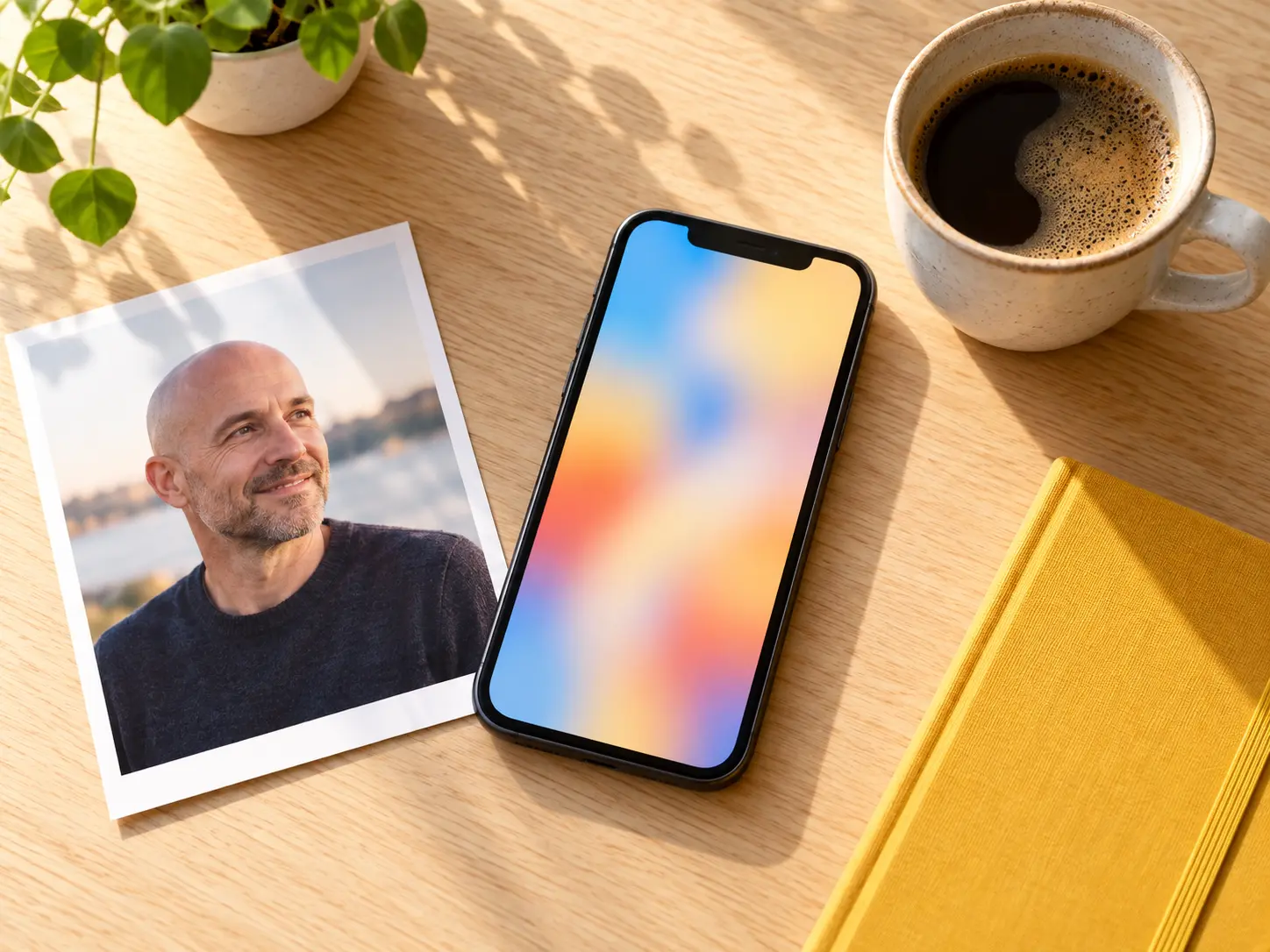 Smartphone and printed bald filter portrait on a bright desk ready to share