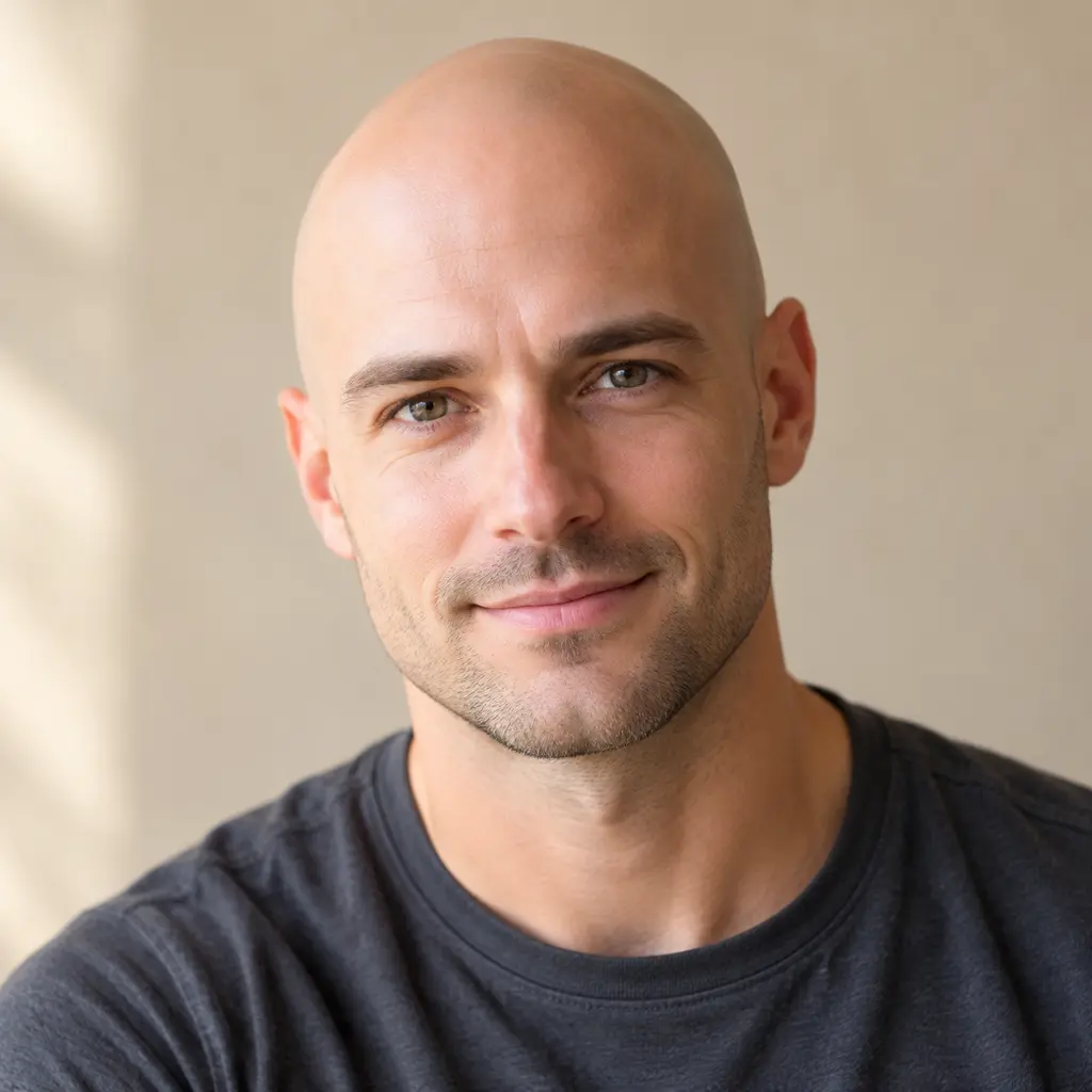 Bald filter result showing a man with a naturally blended bald head after hair removal