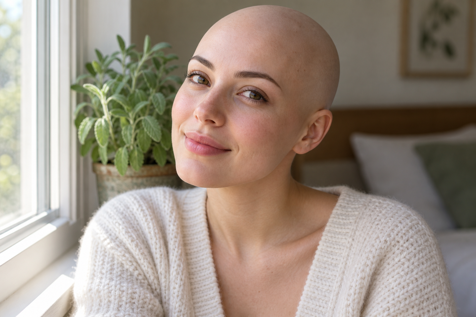 Bald filter applied to a selfie with the scalp blending naturally into the face