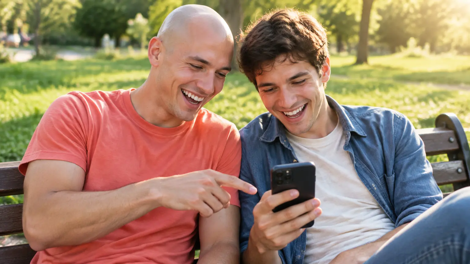 Friends laughing at a bald filter result on a phone in a sunny park