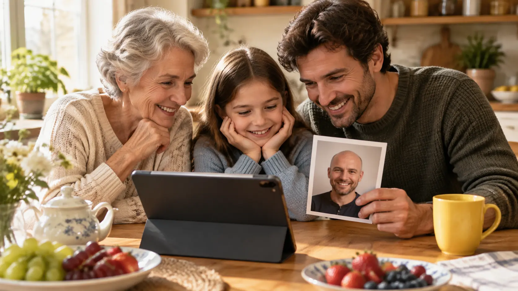 Family gathered around a table laughing at a bald filter gag photo