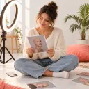 Social creator reviewing a bald filter portrait for a challenge post