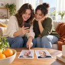 Two friends comparing printed bald app portraits on a sunny sofa