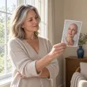 Curious woman studying her own realistic bald head app portrait by a window