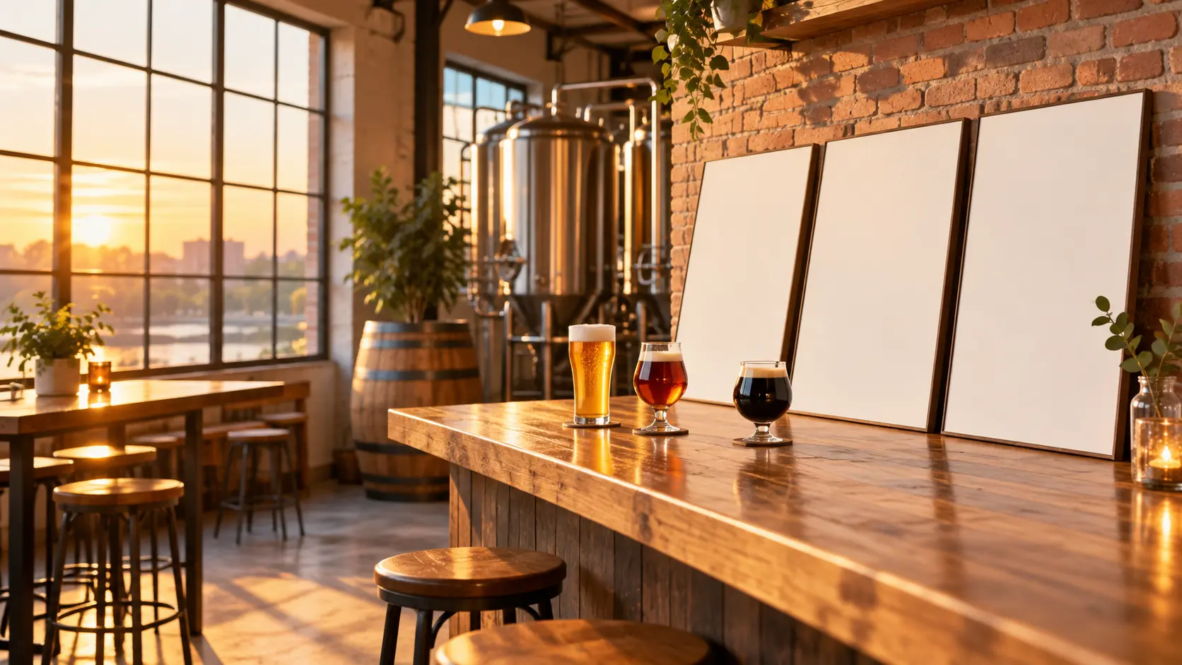 Warm brewery bar with blank beer poster sheets and craft beer glasses ready for a new design
