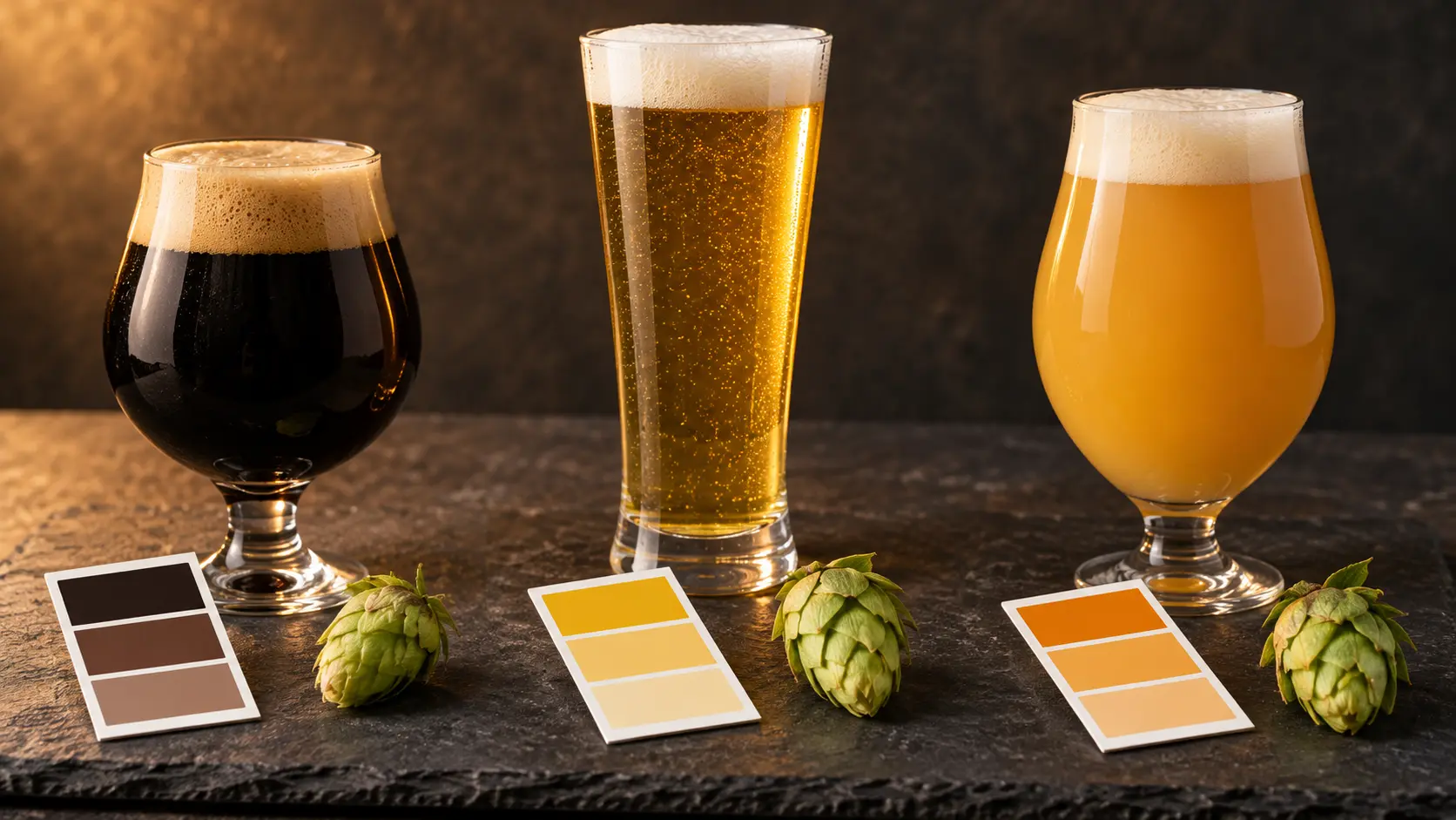 Beer poster maker study matching a stout, pilsner, and IPA glass to different poster colour directions
