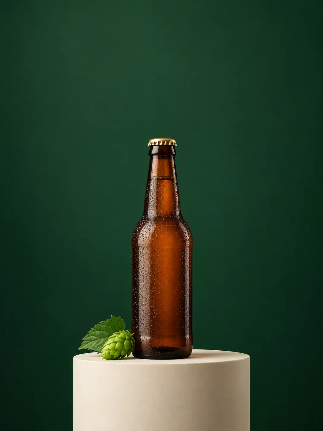 Minimal brewery launch beer poster with a single bottle and deep green and cream colours