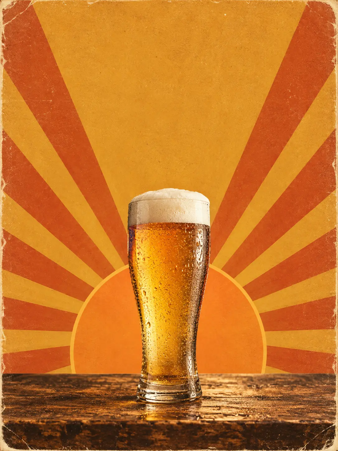 Retro seventies style beer poster with a sunburst background and a cold lager glass on a bar