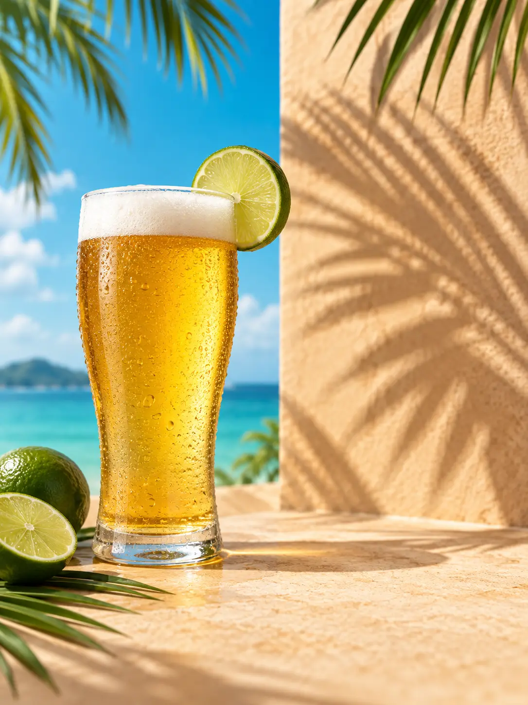 Tropical summer beer poster with a citrus slice, condensation, turquoise sky, and palm shadows