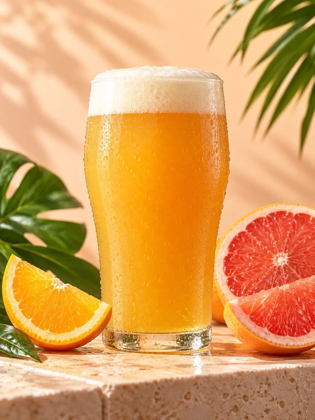 Vibrant hazy IPA beer poster with a juicy golden-orange pour, citrus slices, and tropical leaves