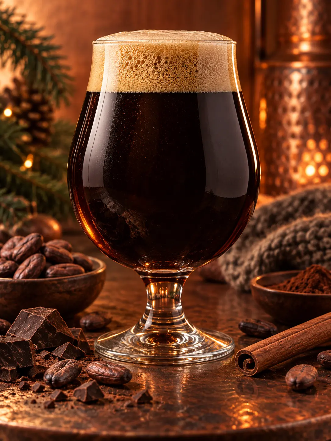 Rich winter stout beer poster with a creamy dark chocolate-brown pour, cocoa beans, and warm copper light