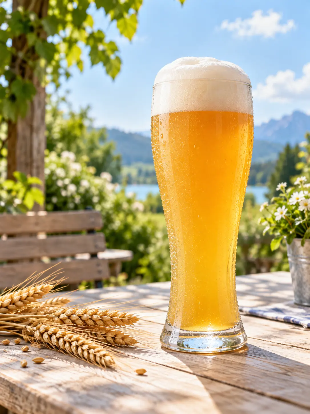 Sunny wheat beer poster with a cloudy golden pour, wheat stalks, blue sky, and a garden table