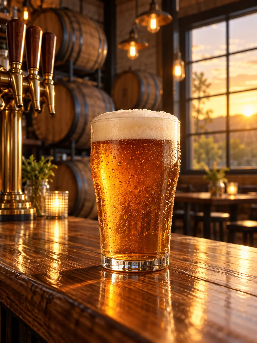 Warm evening taproom beer poster with a foaming amber glass, oak barrels, brass fixtures, and soft window light