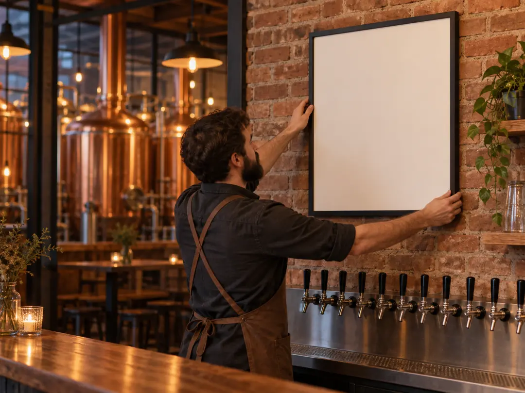 Brewery taproom owner hanging a fresh beer poster maker design behind the bar