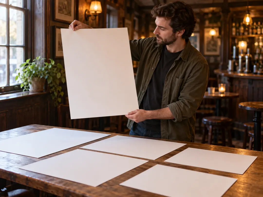 Event promoter comparing printed beer poster maker options on a table before a beer festival