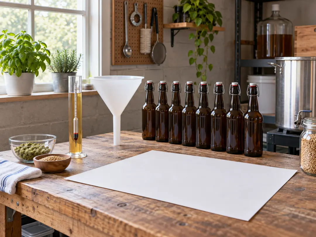 Home brewer setting up a beer poster maker print beside bottled home brew on a workbench