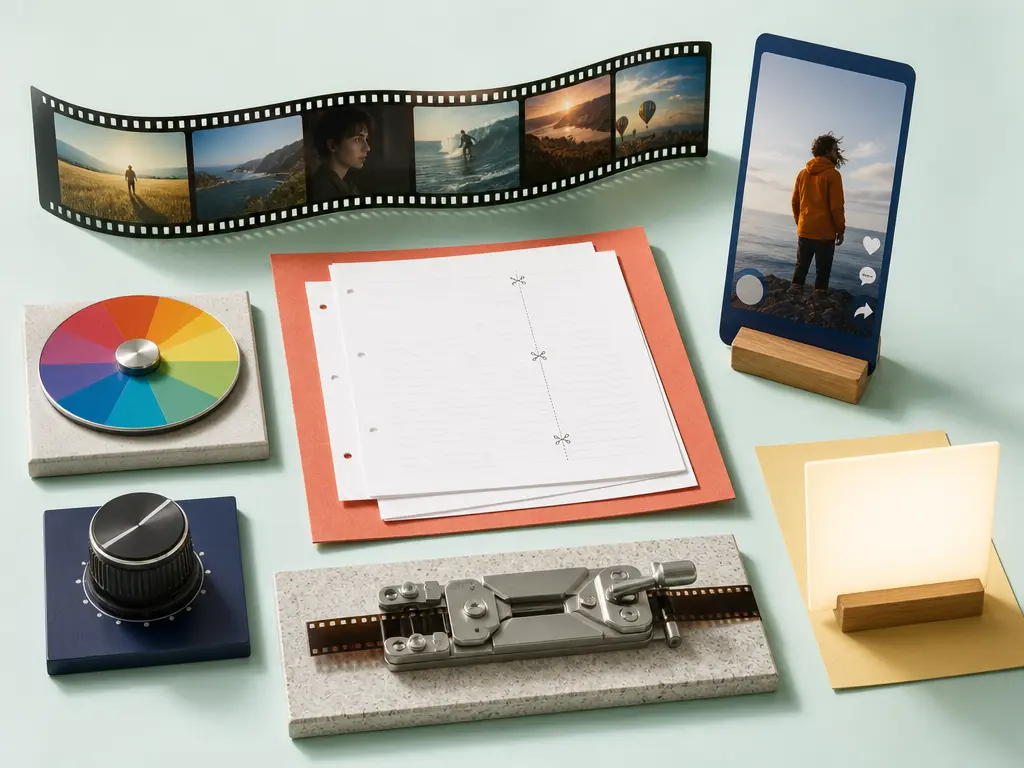 Bright editorial studio comparing a filmstrip, transcript pages, vertical clips, color tools, and prompt-led video concepts