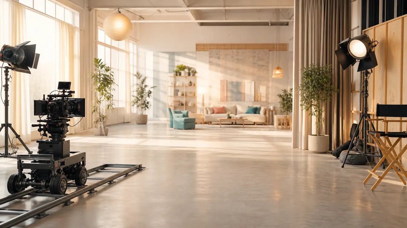 Sunlit video production stage with a cinema camera, studio lights, and an open set