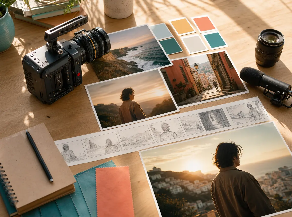 Cinema camera, storyboard frames, and reference materials arranged for an AI video tool comparison