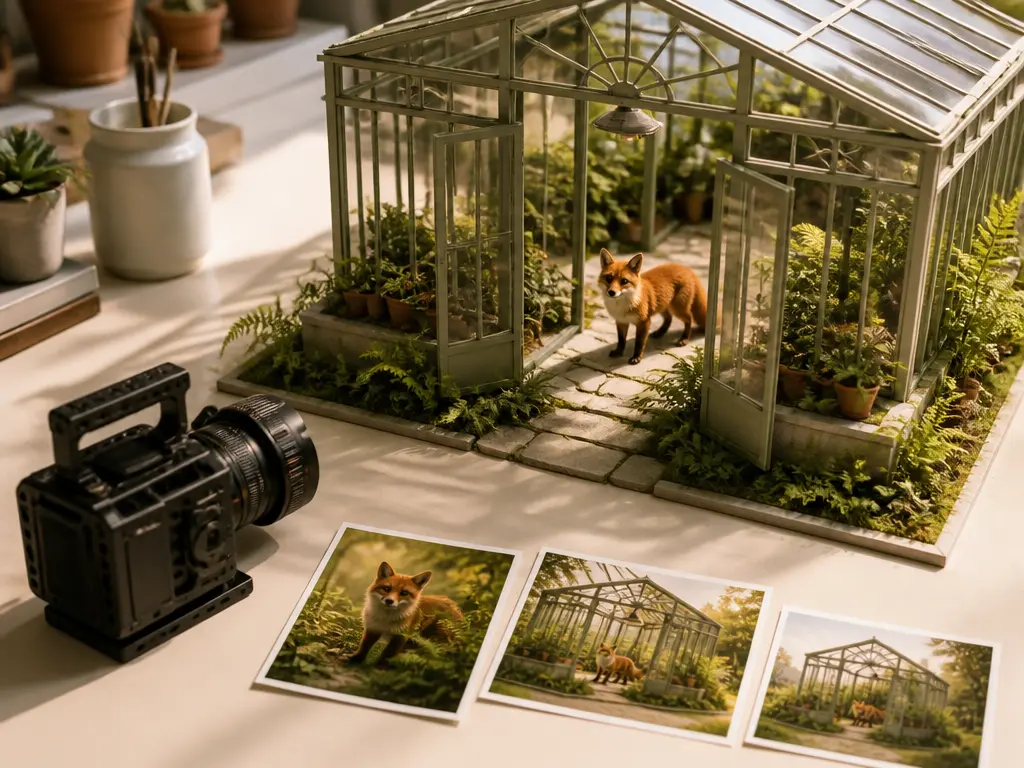 Miniature orange fox in a sunlit glasshouse film set with a cinema camera and photographic reference prints