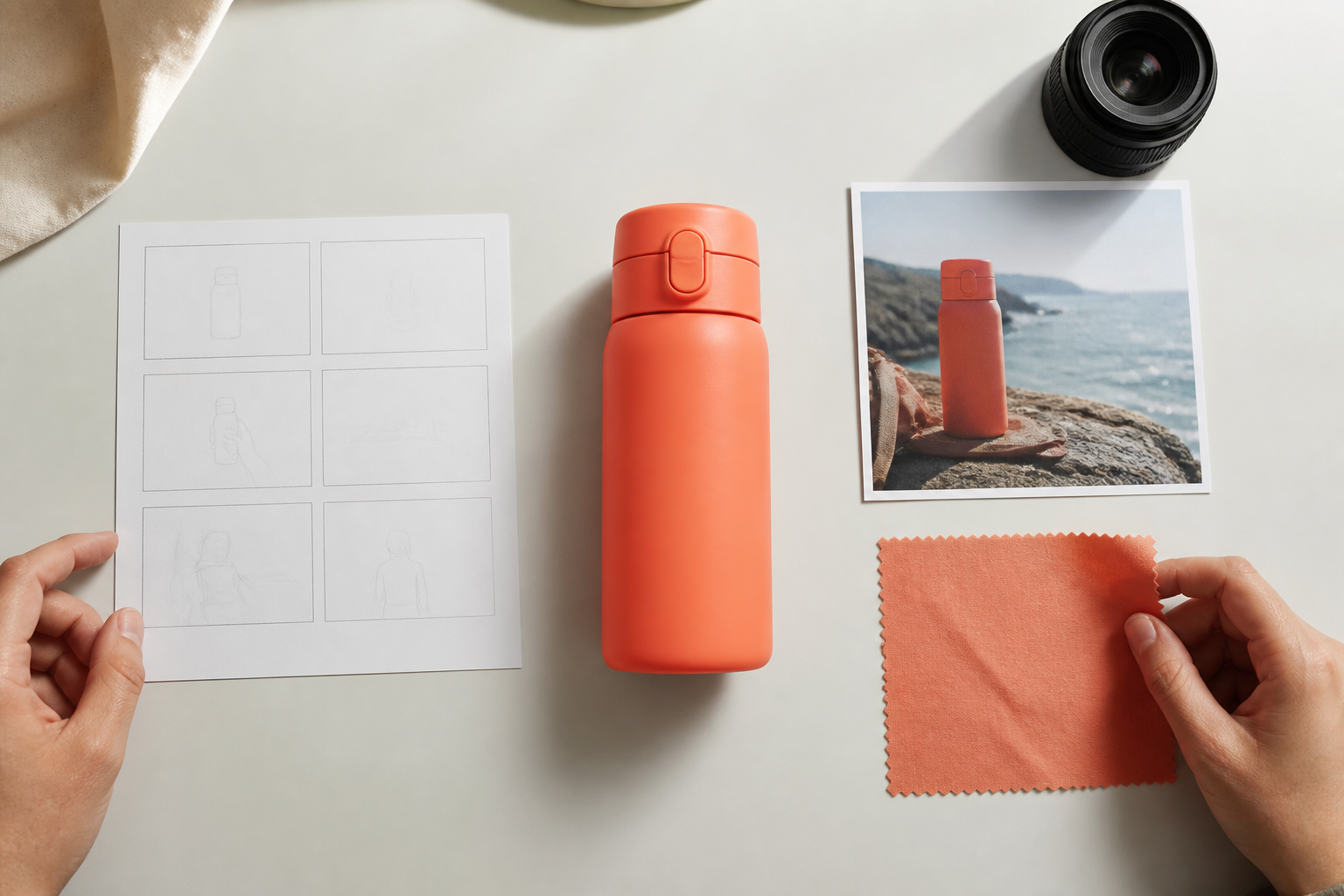 Coral travel bottle with visual references prepared for a product video