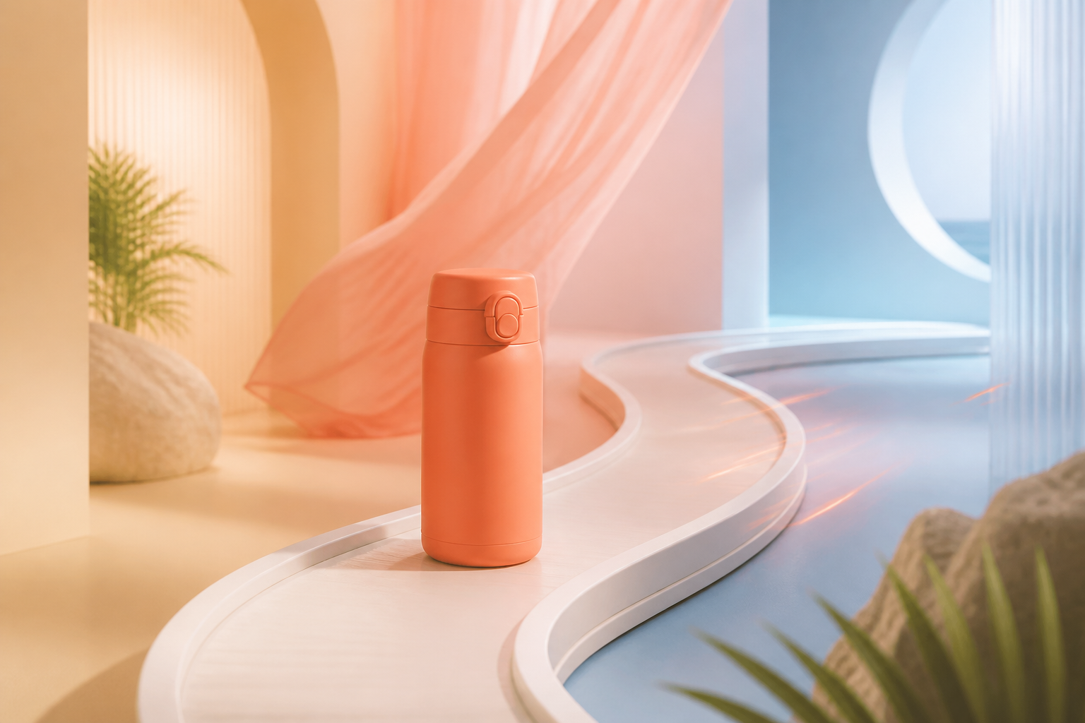 Coral travel bottle staged through three timed product scenes