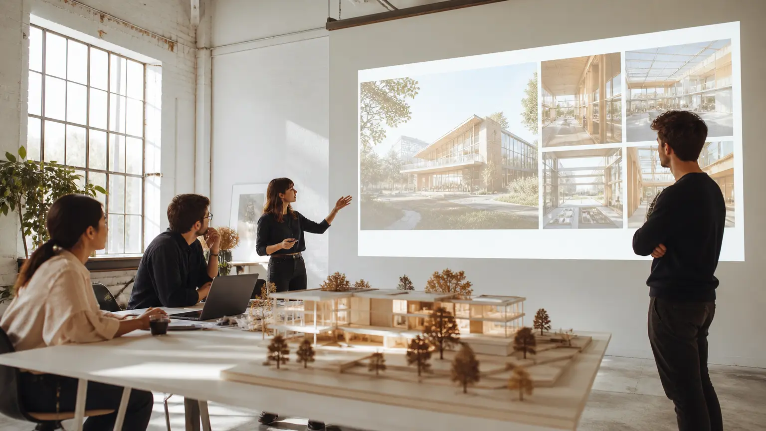 Creative team presenting a polished concept clip in a sunlit studio