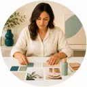 Brand strategist arranging campaign props and shot references