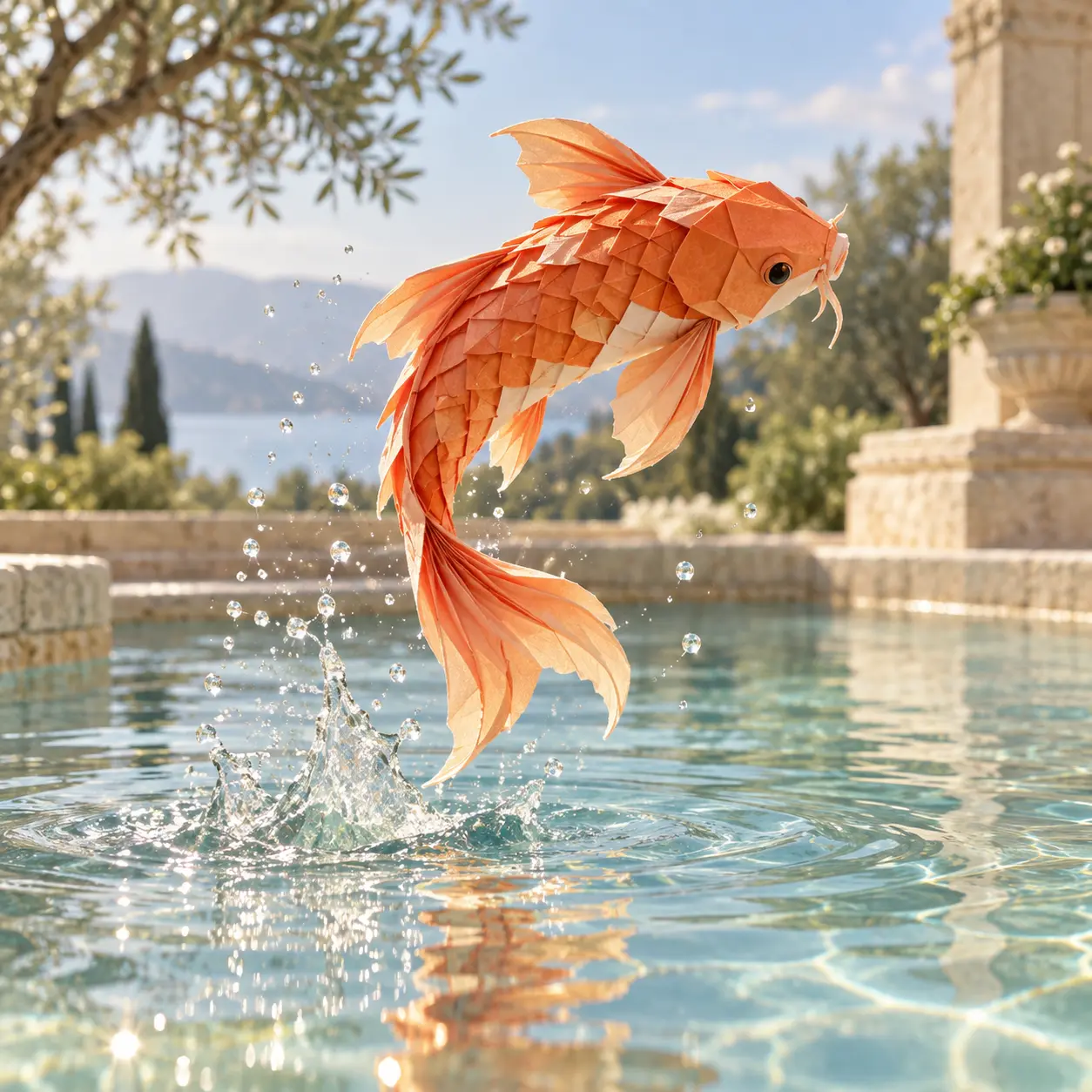 An imagined video scene of a coral paper koi leaping above a sunlit pool, with curling fins and suspended droplets