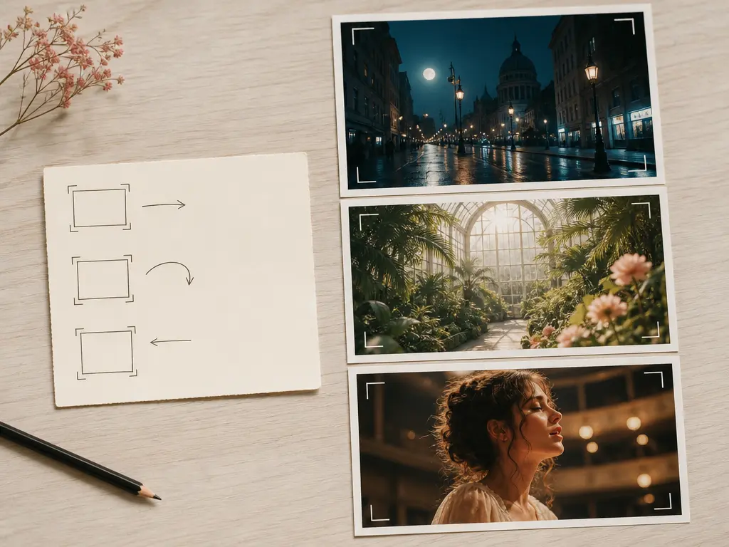 Creator comparing text prompts with three generated video scene previews on a workspace