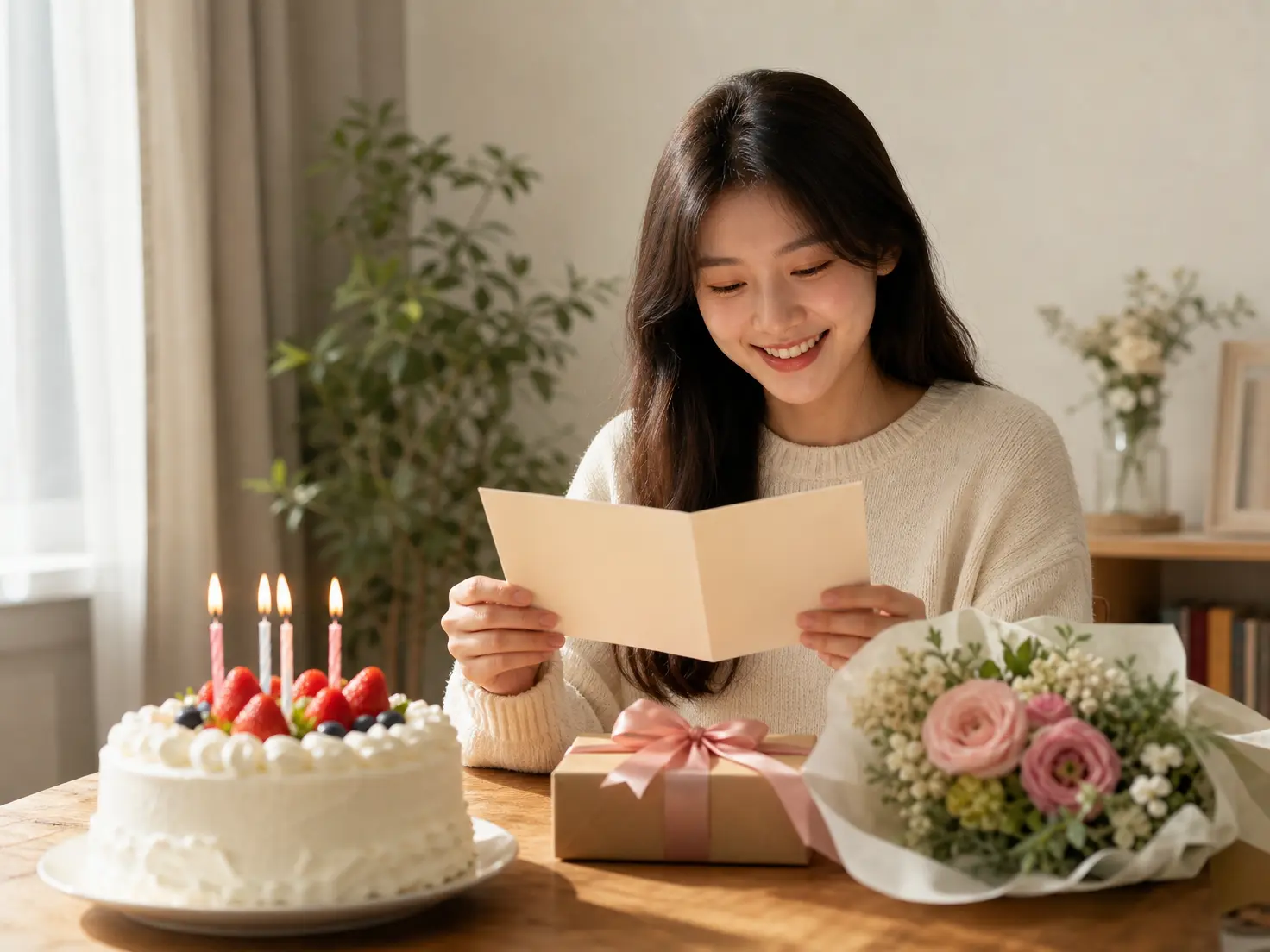 A recipient's name and short birthday wish within a candlelit scene.