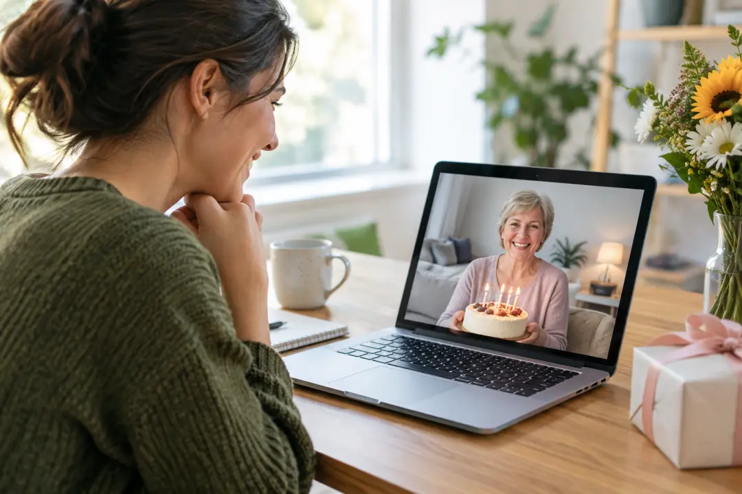 A greeting across the distance in a birthday reels video