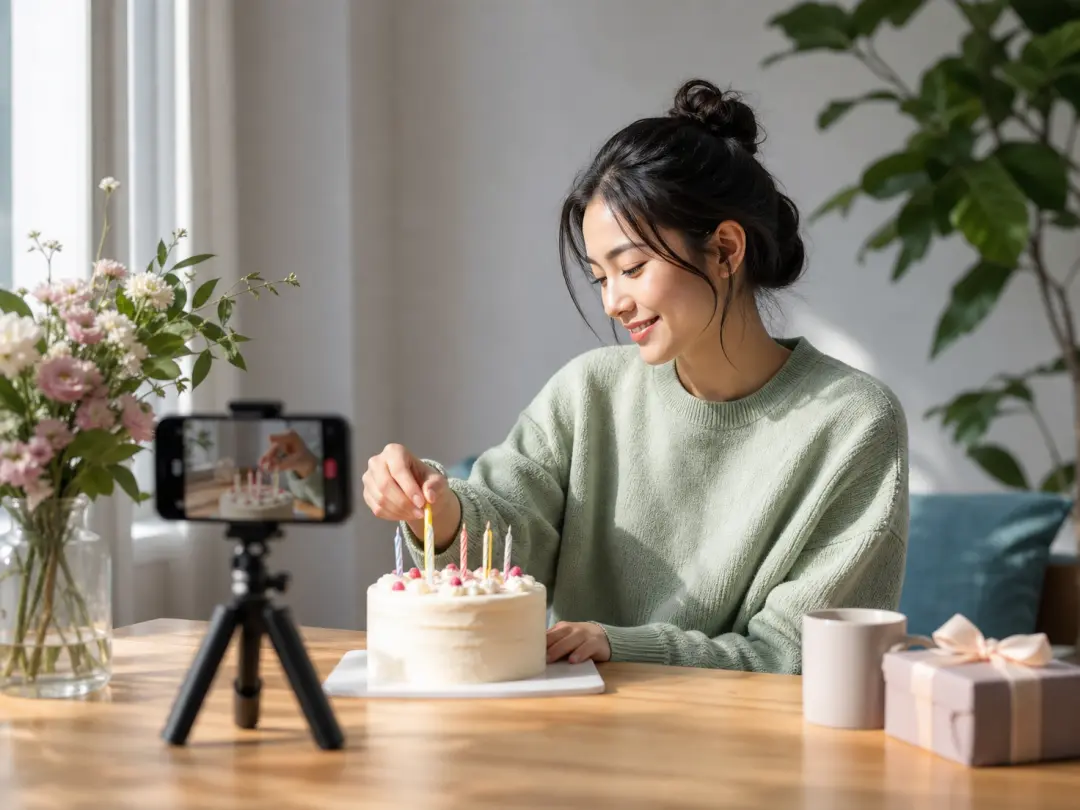 A vertical birthday video opening with a portrait and planned music cues.