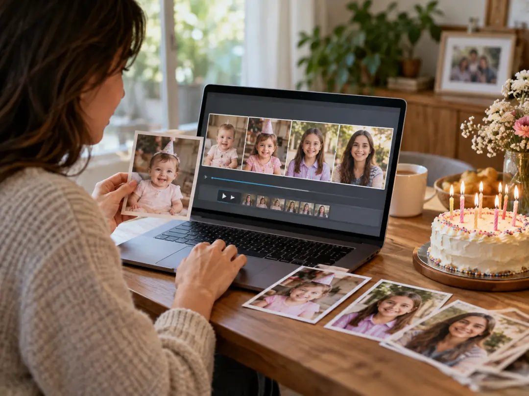 Family photos from different years arranged for a birthday memory video.