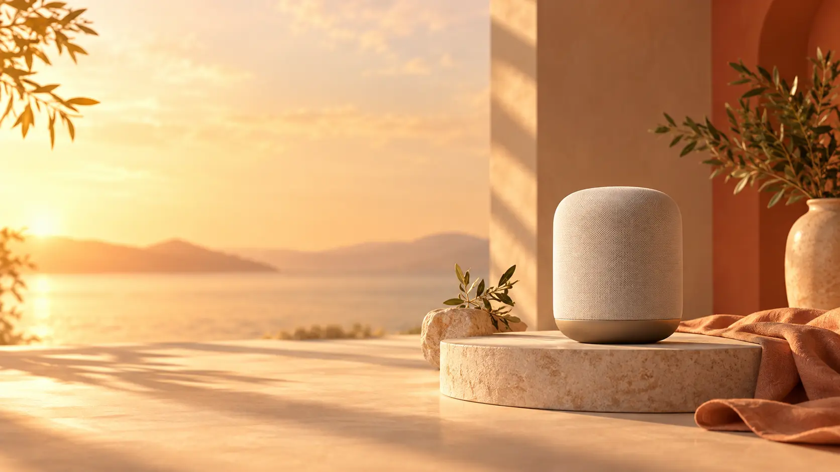 Bright brand video scene with a logo reveal, warm studio light, and story references