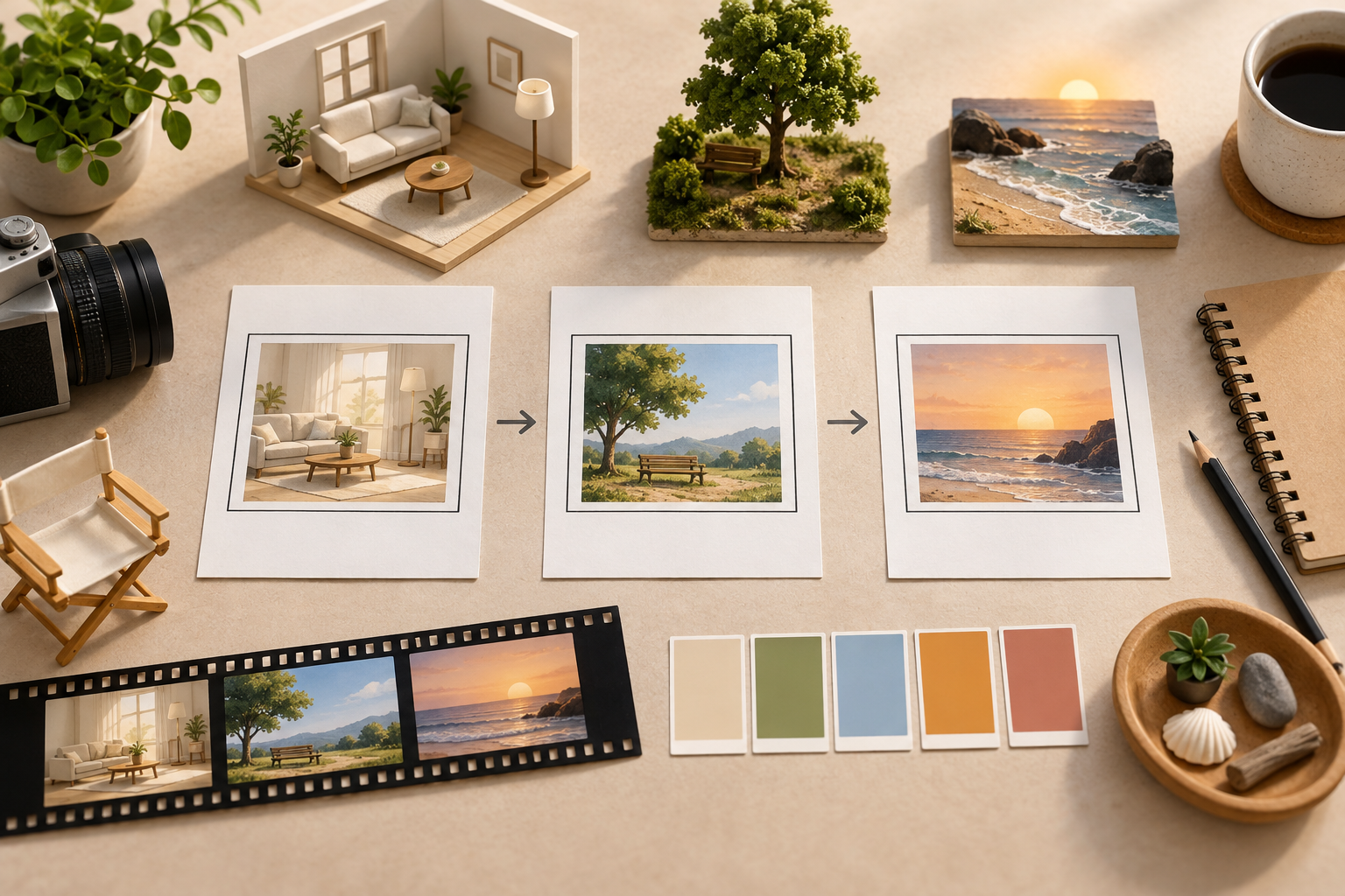 Timed storyboard with scenes, actions, narration, and music direction