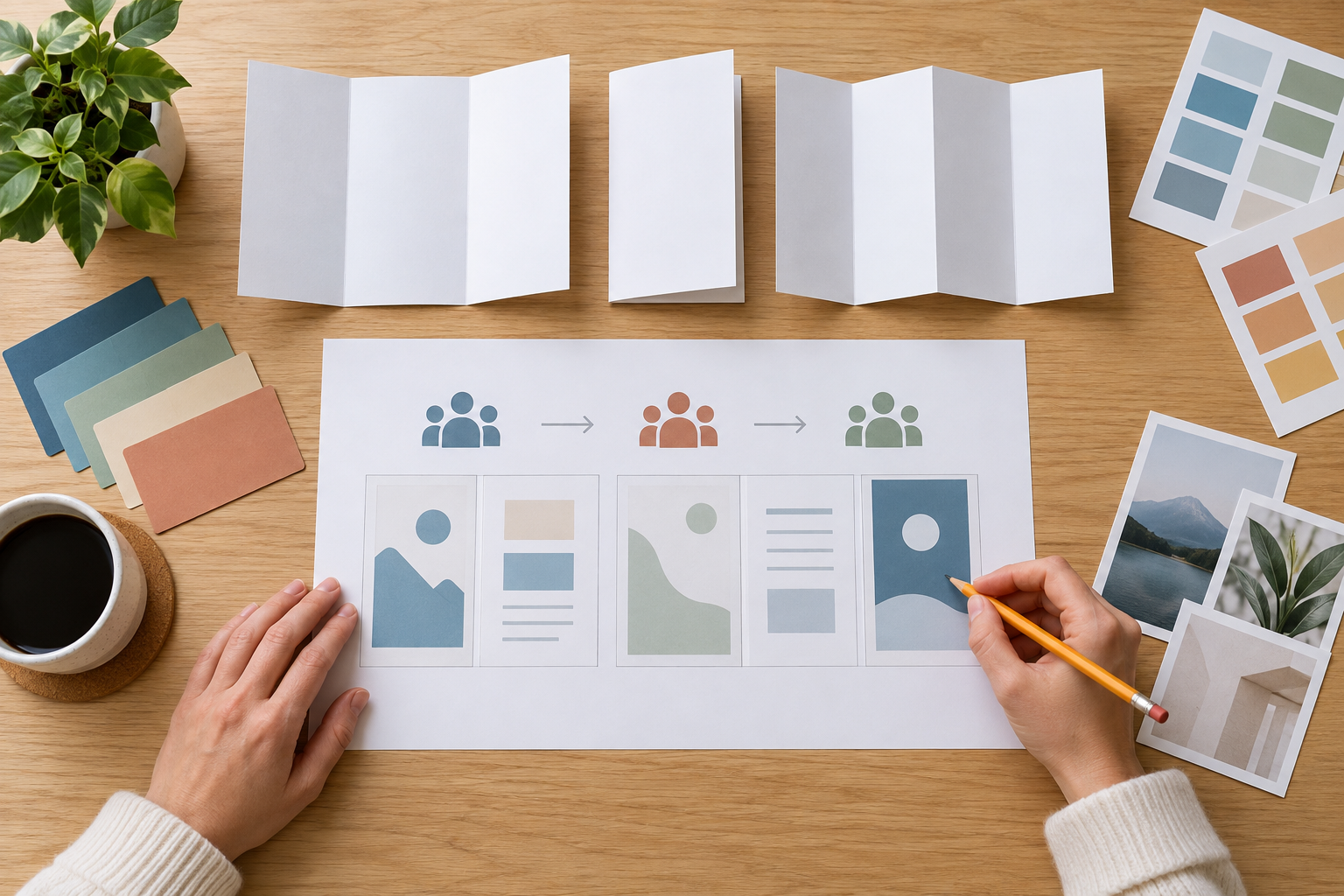 Designer writing a brochure content plan beside printed page sketches and a clean color reference sheet