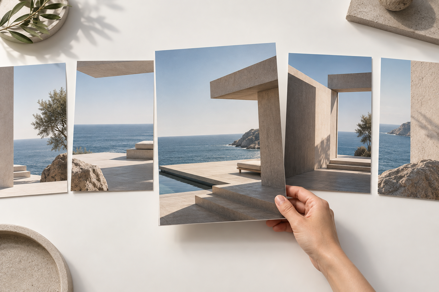 Several printed brochure cover directions arranged on a studio table with paper and color samples