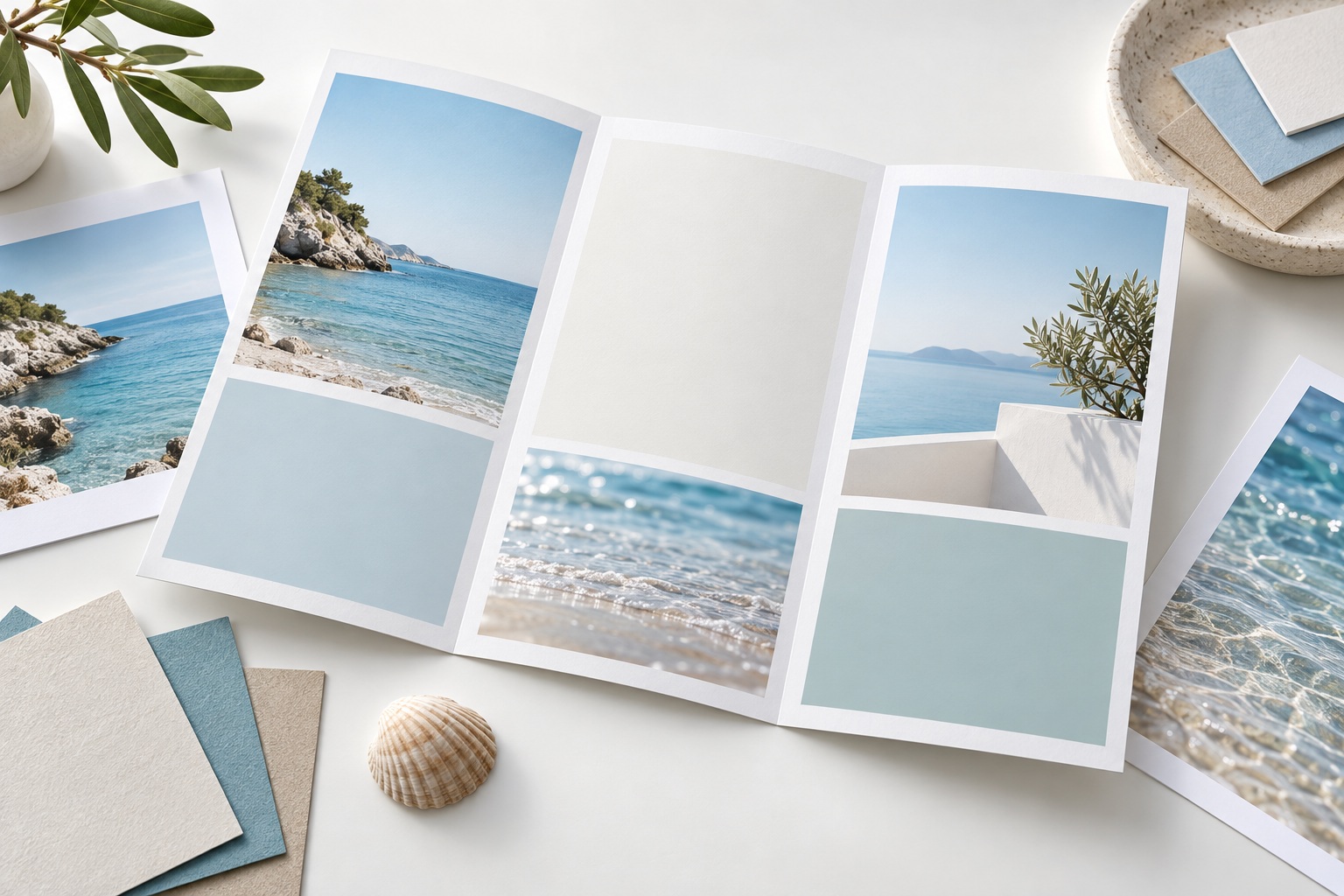 Folded brochure template mockup with consistent panels, clean typography zones, and a printed proof