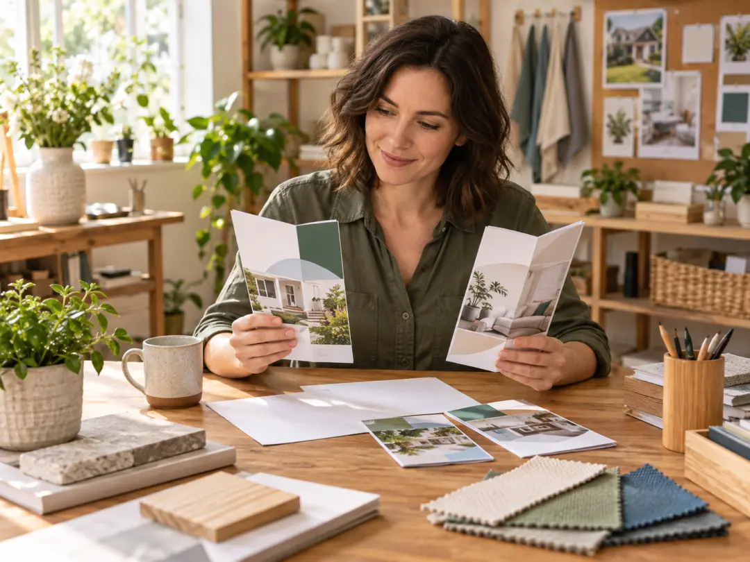 Small business owner comparing folded brochure mockups with product and service notes