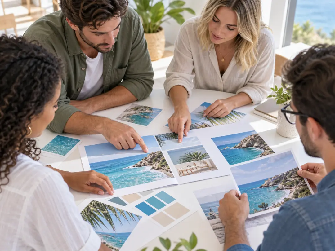 Marketing team reviewing printed brochure spreads, color chips, and a content outline