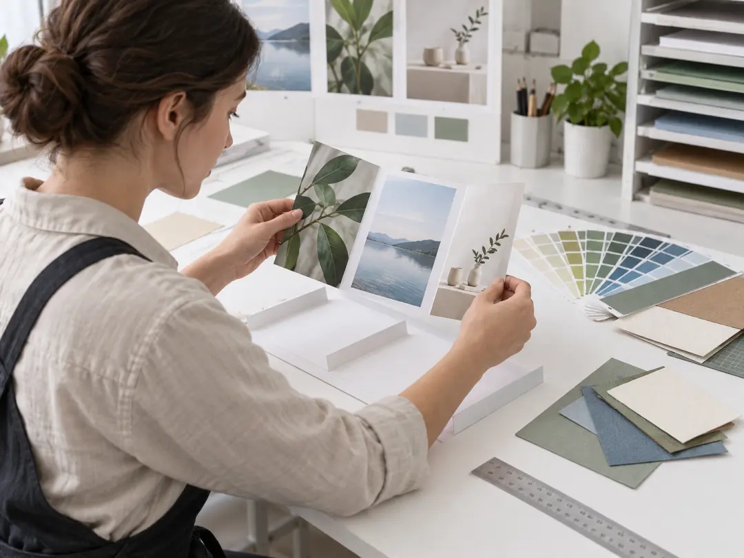 Print designer checking a folded brochure proof with trim, fold, and paper samples