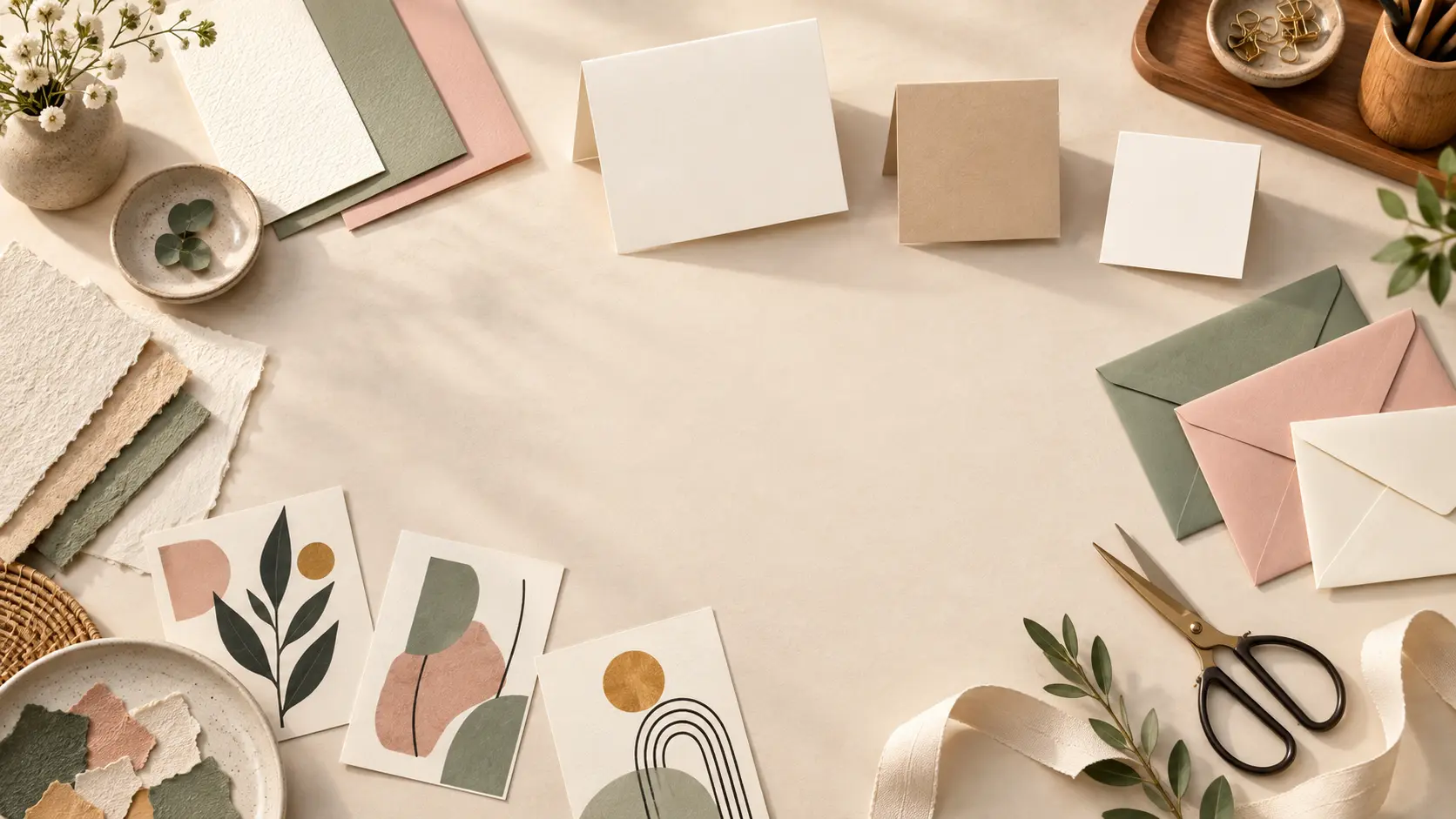 Card maker workspace with blank folded cards, paper samples, and envelopes