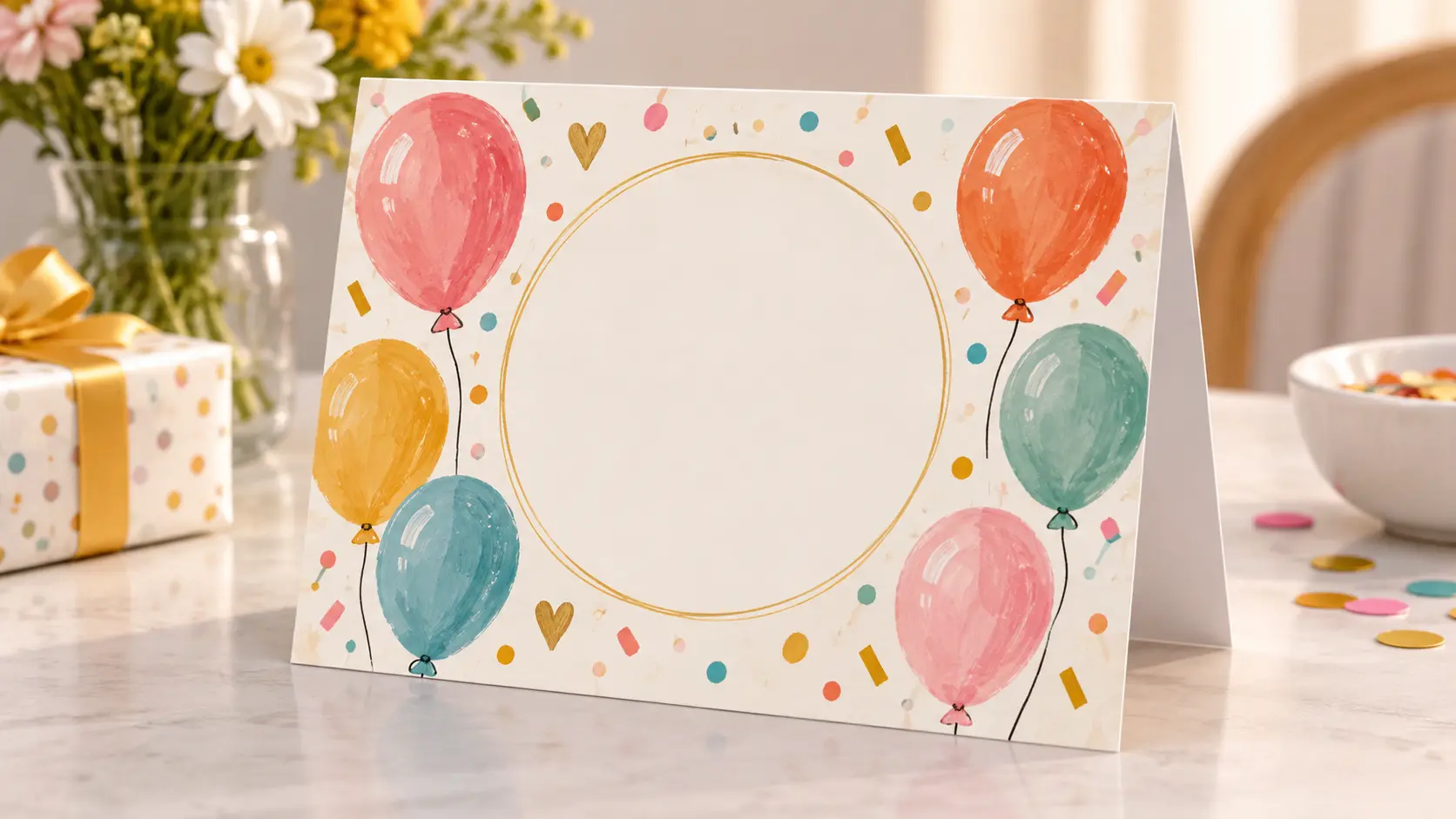 Warm birthday card design with balloons and a large blank focal panel